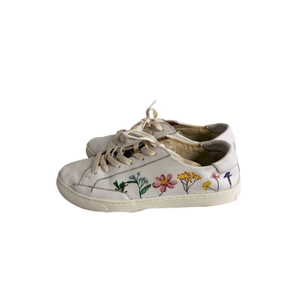 Soludos Ibiza Classic Floral Embroidered Leather Sneaker Women Size 8.5 White